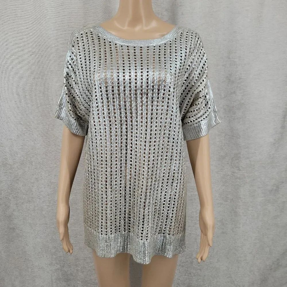 Chico's Silver Metallic Women's Pointelle Open Knit Drop Shoulder Top